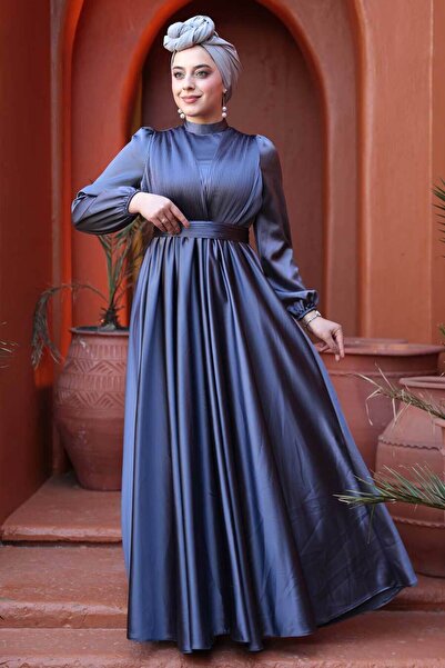 N.S NEVA STYLE Satin Smoked Hijab Evening Dress 23821Fu