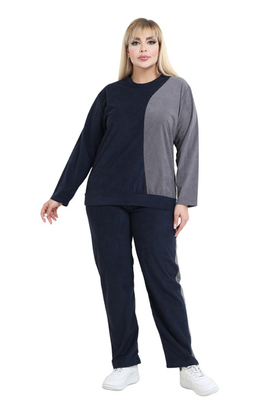 MELSAY Women's Plus Size Velvet Navy Blue-Grey Color Block Tracksuit Set