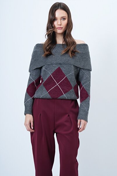 VAGGON Women's Anthracite Madonna Collar Diamond Patterned Knitwear Sweater Vs01522