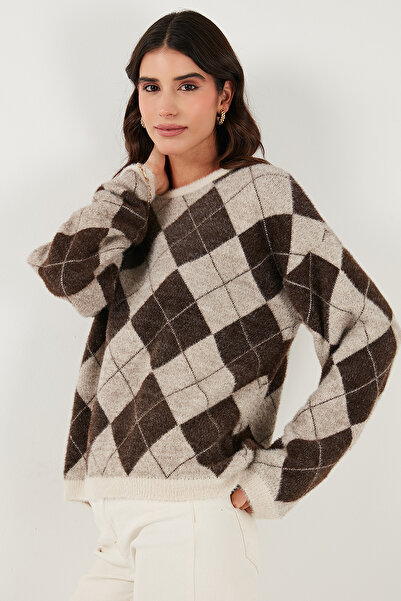 Lela Baklava Patterned Oversized Crew Neck Soft Textured Sweater Sweater 4616262