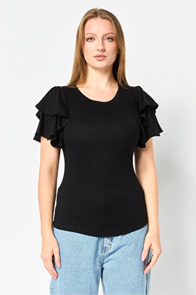 GAP بلوزة نسائية سادة بأكمام مكشكشة ورقبة دائرية، لون أسود