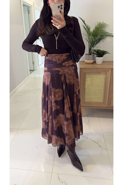 BİRCANÇİL Lusan Brown Shawl Pattern Skirt