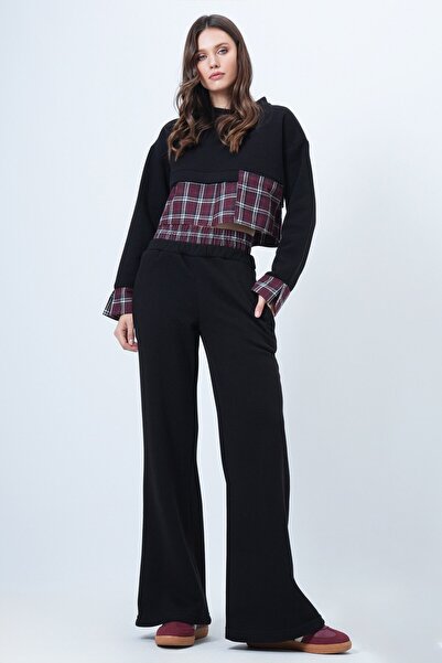 VAGGON Women's Black-Burgundy Plaid Detailed Sweatshirt and Wide-Leg Pants Set Vs01524