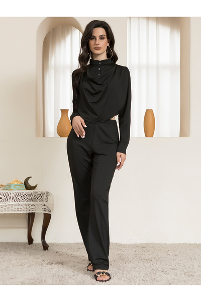 FridayIn Simplicity High collar Solid color Wrinkle Regular sleeve Pants Suits