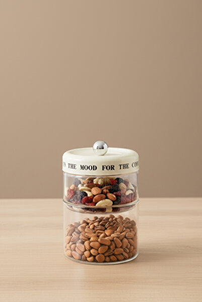 Sevinse Home Mood Double Cream Line Vacuum Lid Motto Glass Jar Set, Spice Jar, Sugar Bowl (750-600 ml)