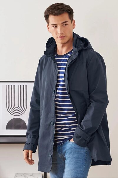 Tchibo Men Regular Fit Plain Trench Coat Jacket, Navy Blue