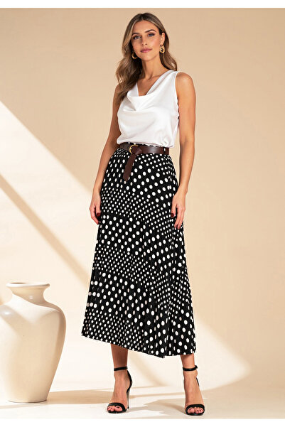 Figl Polka Dot Pleated Skirt - High Waisted Skirt - Black Skirt M1155 Size S/M