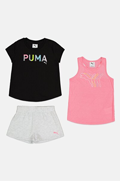 Puma Kids Girl 3 Pieces Brand Logo Short Sleeve T-Shirt And Shorts And Top Set, Multicolor