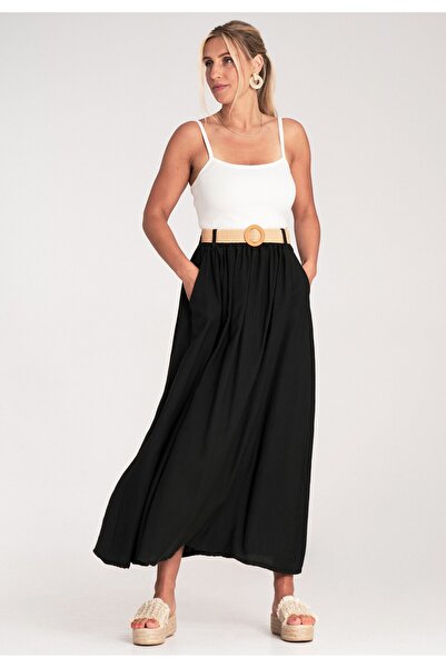 Figl Long flowing skirt - Skirt with elastic waist and belt - Black M1221 size L/XL