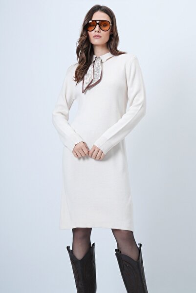 VAGGON Women's Ecru Scarf Shirt Collar Mini Dress Vs01523