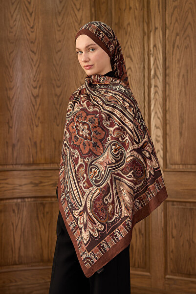 Moda Mevsimi İpekhan Desenli Kraş Şal 7002-11 Bakır Kahve Taba