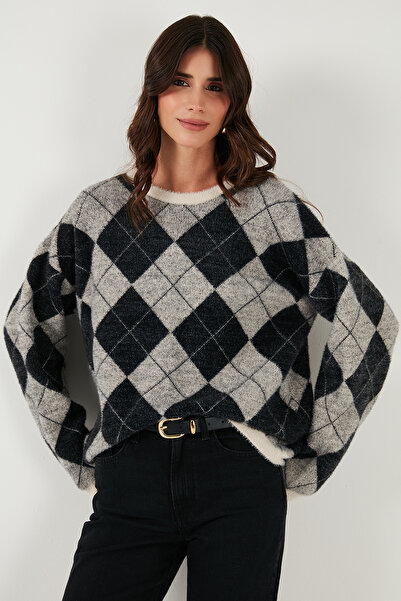 Lela Baklava Patterned Oversized Crew Neck Soft Textured Sweater Sweater 4616262