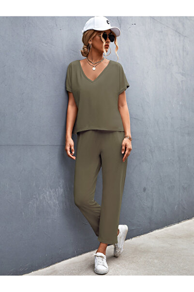 FridayIn Casual Simplicity Round neck Strapless Solid color Pocket Bat sleeve Pants Suits