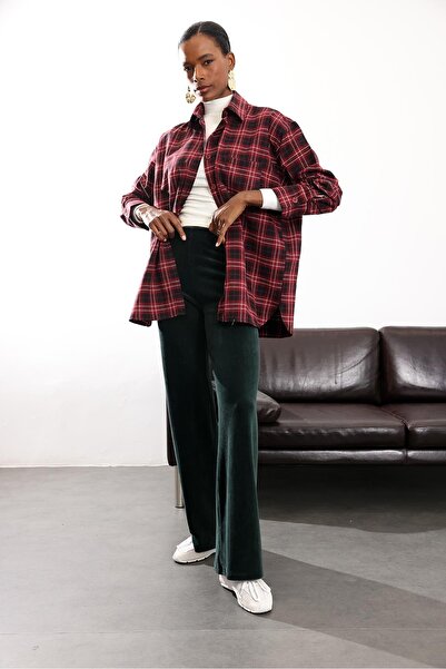 5in1Canpolat Green Velvet Trousers with Elastic Waist 8921