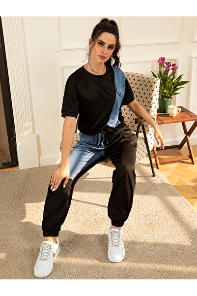 FridayIn Street style Round neck Splicing pattern Pocket Regular sleeve Pants Suits