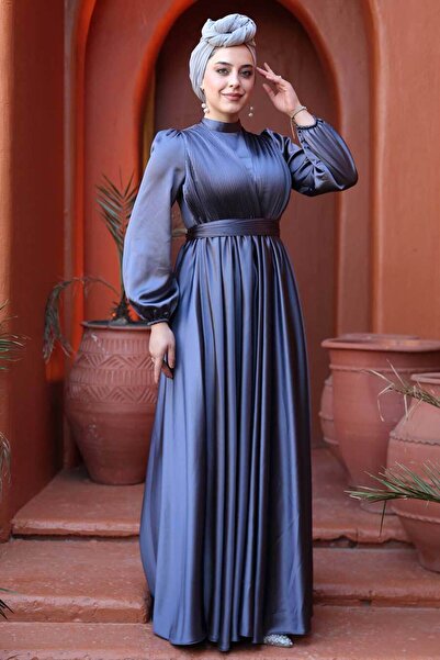 N.S NEVA STYLE Satin Smoked Hijab Evening Dress 23821Fu