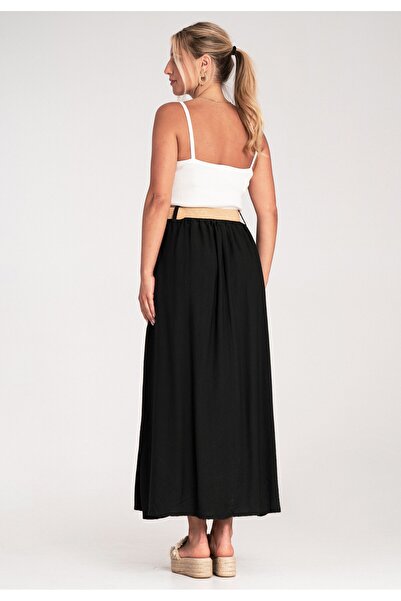 Figl Long flowing skirt - Skirt with elastic waist and belt - Black M1221 size L/XL