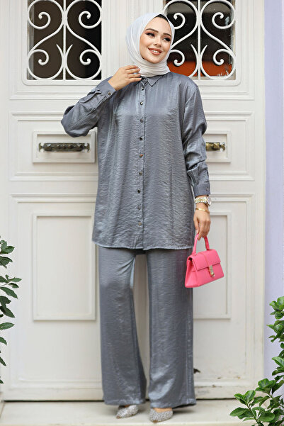 N.S NEVA STYLE Buttoned Smoked Hijab Double Set 12471Fu