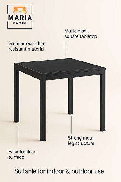 MARIA HOMES Stylish Black Square Dining Table 70x70x75 | Metal Frame | Modern Indoor Outdoor Table