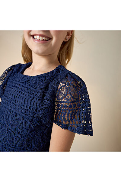 Juniors Laced Wide Leg Jumpsuit with Pleats and Round Neck