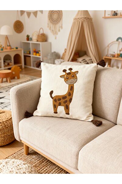 MACASA Husă pentru pernă din material textil alb, 100% bumbac, brodat cu un s...