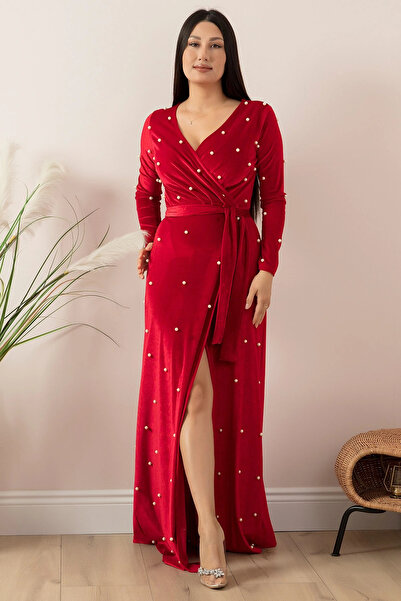 AZRA BUTİK Velvet Pearls Long Evening Dress Red