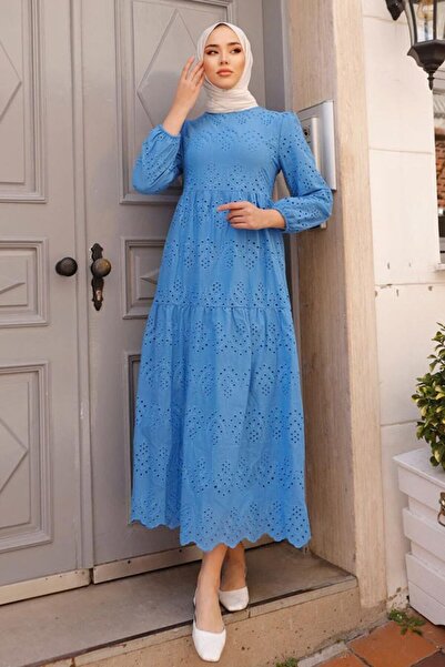 N.S NEVA STYLE - Indigo Blue Hijab Dress with Elastic Sleeve 1073Im