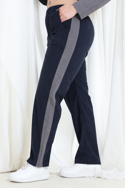 MELSAY Women's Plus Size Velvet Navy Blue-Grey Color Block Tracksuit Set