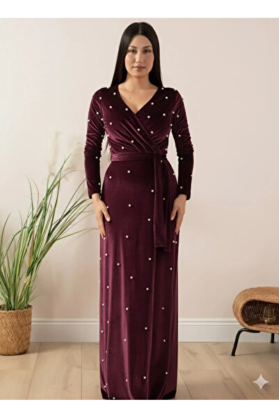 AZRA BUTİK Velvet Pearls Long Evening Dress Plum
