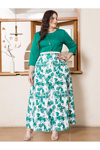 FridayIn Sweet Round neck Color contrast Printing Belt Buttons Regular sleeve Dress Suits