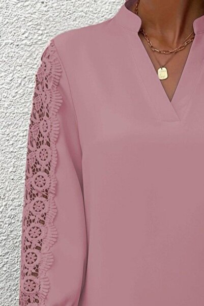 Mossta Hakim Collar Lace Sleeves Imported Crepe Blouse - Pink