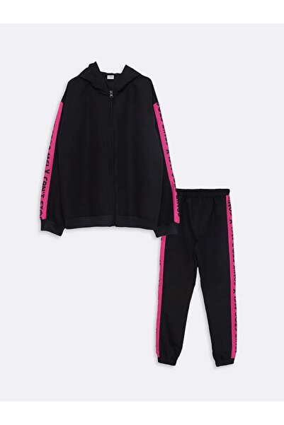 LC Waikiki LCW Kids Black με κουκούλα με τύπωμα Μακρυμάνικο Σετ Φόρμας για Κο...