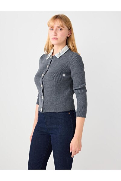 Jimmy Key Antrasit Dar Kesim Yakası İnci ve Taş Detaylı Triko Hırka