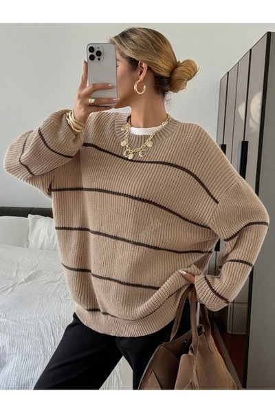 Dier Moda Women's Thin Striped Crew Neck over Size Knitwear Sweater, Knitwear Sweater Fmoda1200