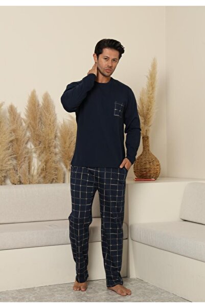 TOSKI Men's Pajamas, Long Sleeves and Pants, Navy Blue