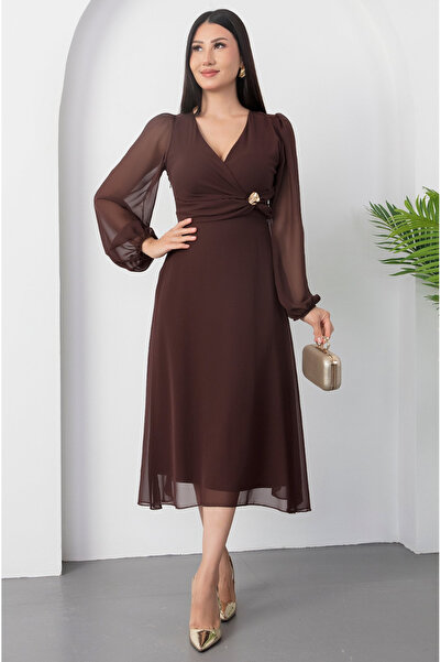 Afiş Butik Кафява дамска рокля с дълъг ръкав, шифон, кръстосана деколте и колан в талията