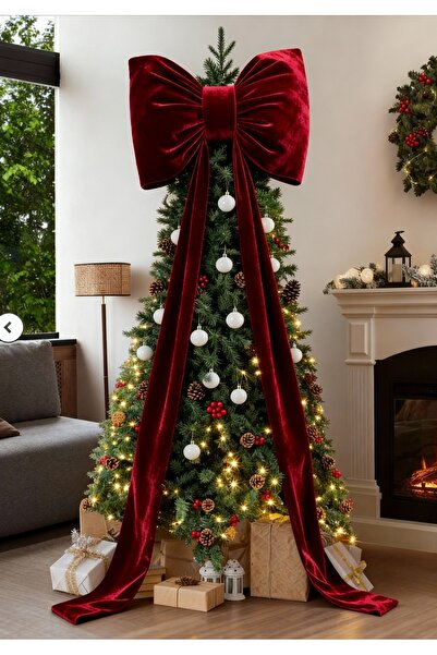 Flashmarket Christmas Tree Ornament Ribbon, Red Velvet Christmas Bow, Indoor-Outdoor Decor, 60x40cm