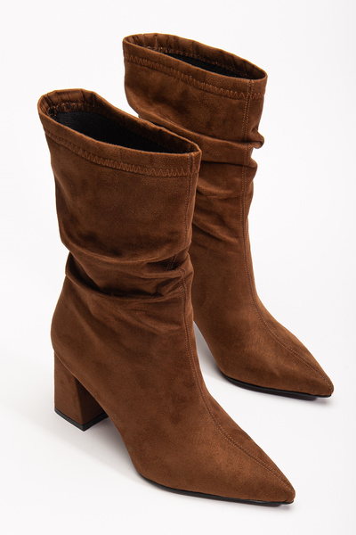 oless Kadın Taba Süet Büzgü Detaylı Sivri Burun Topuklu Bot
