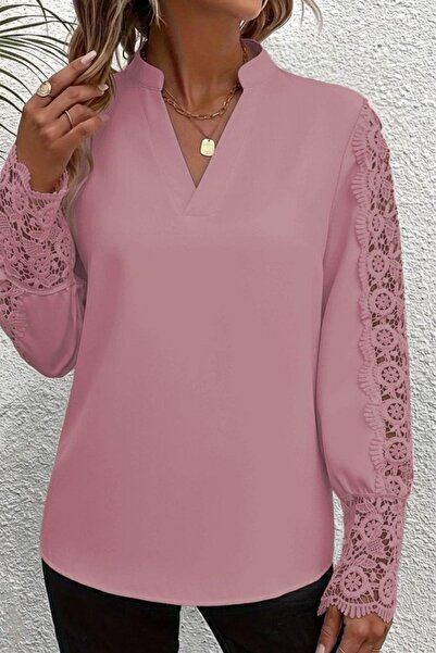 Mossta Hakim Collar Lace Sleeves Imported Crepe Blouse - Pink