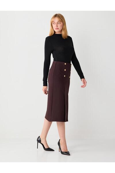 Jimmy Key Fusta Midi din material subțire Bitter Brown cu detaliu cu nasturi la talie normală