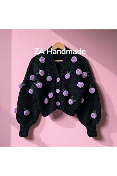 ZAHandmade Cardigan tricotat manual ZA cu detalii de trandafiri