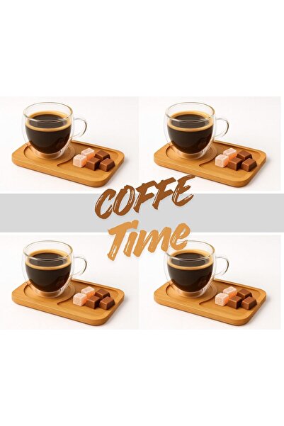 HUBBYCHEF 4 kişilik çift cidarlı bardak ve bambu tabaklı espresso çay kahve f...