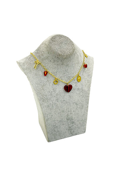 Cam Sanat Merkezi Handmade Red Murano Glass Heart Necklace – Minimal Love Design with Yellow Chain