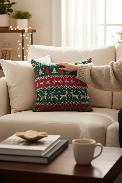 ANJEAHOME Sydney Christmas Patterned Throw Pillow Cover |   45X45 cm |   Digital Printed |   Stylish Design – Washable Fabric