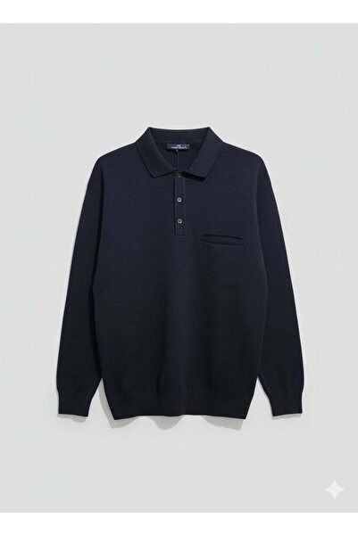 uppstairs Men's Navy Blue Polo Neck Sweater with Pockets