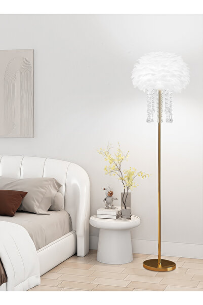 Zeno Modern Feather Crystal Floor Lamp, Gold Iron, 3-Color Dimming, Foot Switch, 1.4m, Living Room