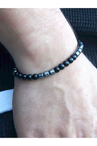 Esha Store Men's Natural Stone Bracelet Onyx Hematite Stone Oaheb3