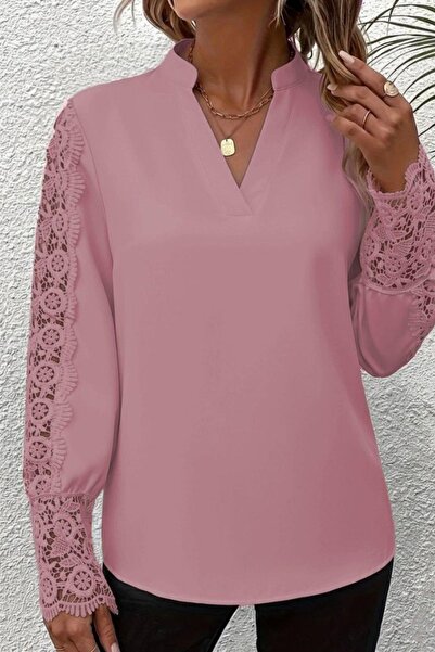 Mossta Hakim Collar Lace Sleeves Imported Crepe Blouse - Pink