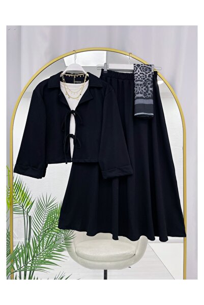 YEDİLALE Combed Cotton Jacket Skirt Dual-Piece Set with Front Tie Collar [Unlined, Jacket and Skirt Are Included in the Price.]
