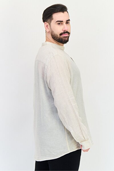 CELIO Men Regular Fit Stripe Long Sleeves Casual Shirt, Beige